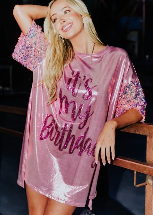 Metallic Pink 'It's My Birthday' Tee Shirt Dress